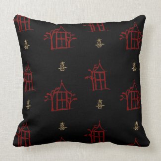 Red and Gold Pagodas Chinoiserie Throw Pillow