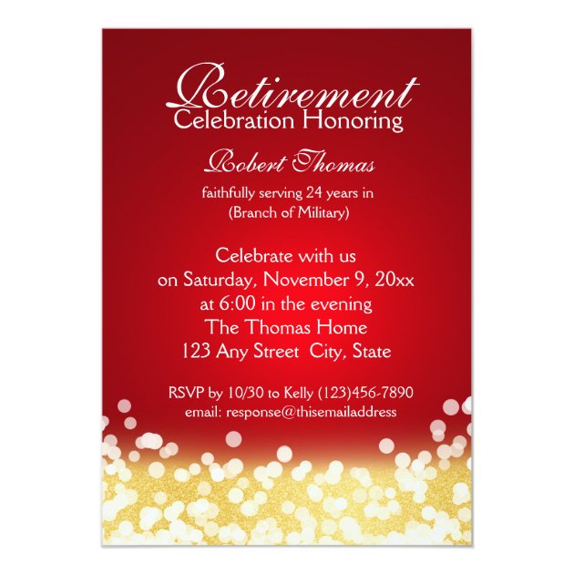 Red and Gold Sparkle Lights Retirement Party Card (front side)