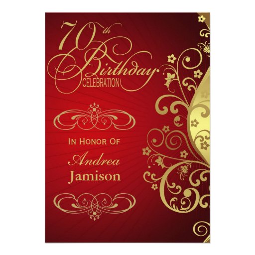 Red and Gold Swirl 70th Birthday Party Invitation