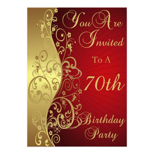 Red and Gold Swirl 70th Birthday Party Invitation (front side)