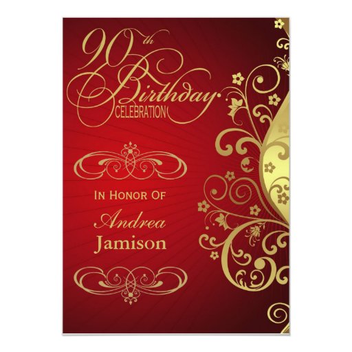 Red and Gold Swirl 90th Birthday Party Invitation (front side)