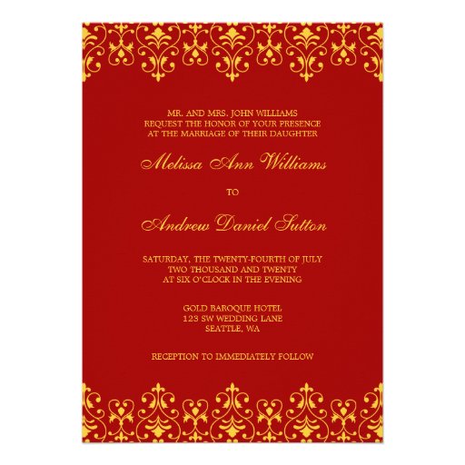 Red and Gold Vintage Baroque Wedding Invitation 5" X 7" Invitation Card ...