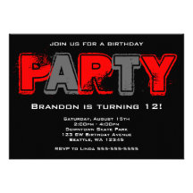Red and Gray Grunge Birthday Party Personalized Invites