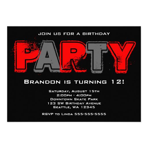 Red and Gray Grunge Birthday Party Personalized Invites