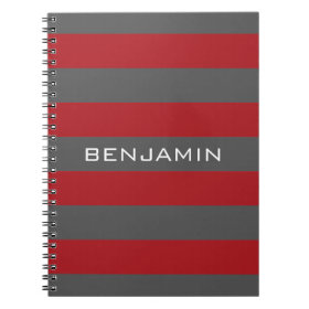 Red and Gray Rugby Stripes with Custom Name Spiral Notebooks