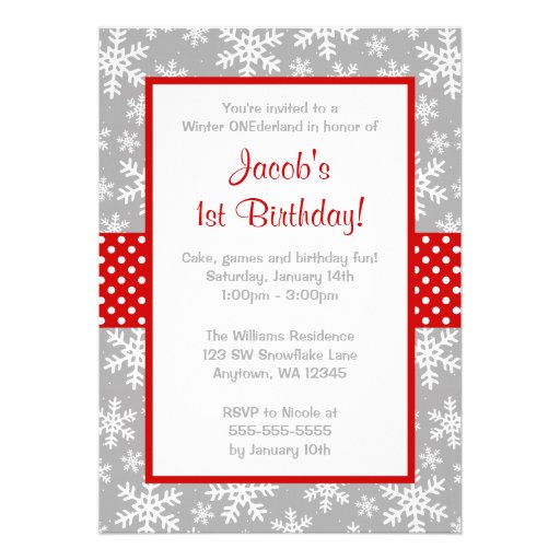 Red and Gray Snowflakes Winter Onederland Custom Invitation