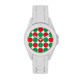 Red and Green Big Bold Polka Dots Circles Pattern Wrist Watch