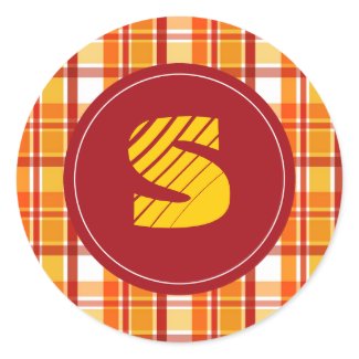 Red and orange plaid with "S" monogram Round Sticker