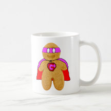red and pink gingerbread man super hero mug