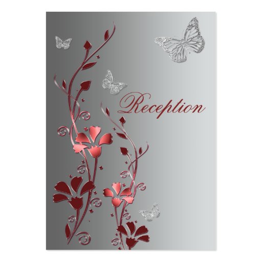 Red and Silver Floral Butterflies Reception Card Business Card Templates (front side)