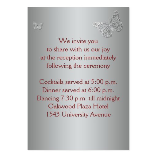 Red and Silver Floral Butterflies Reception Card Business Card Templates (back side)