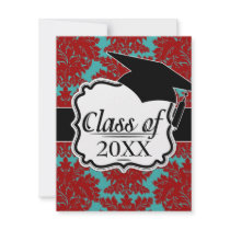 red and teal aqua bold intricate damask invitation