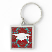 red and teal aqua bold intricate damask key chains