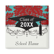 red and teal aqua bold intricate damask magnet