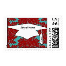 red and teal aqua bold intricate damask postage stamp