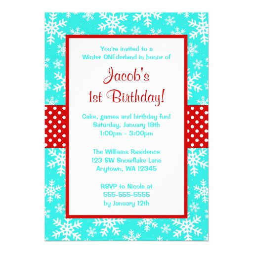 Red and Teal Snowflakes Winter Onederland Personalized Announcements