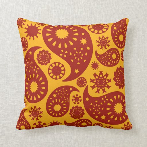 Red and Warm Yellow Paisley Pattern. Throw Pillow Zazzle