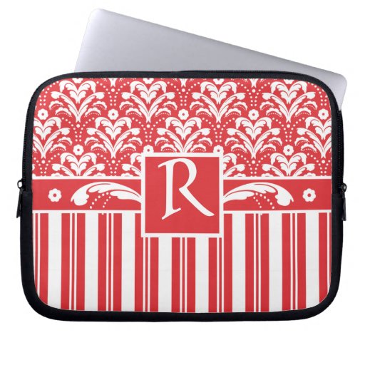 Red and White Art Deco Damask with Your Monogram Laptop Computer Sleeves