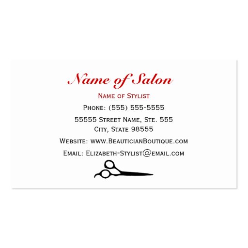 Red and White Barber Stripes Hair Salon Scissors Business Cards (back side)