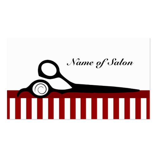 Red and White Barber Stripes Hair Salon Scissors Business Cards (front side)