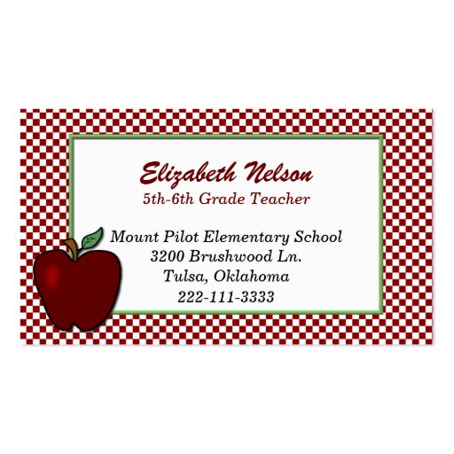 Red and White Checked Teacher's business card (front side)