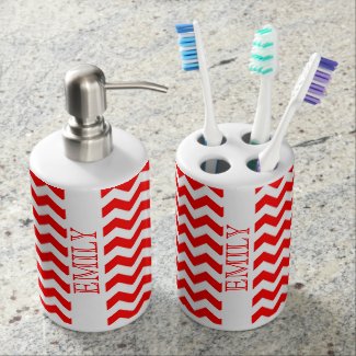 Red And White Chevron Pattern Monogram 2 Bath Set