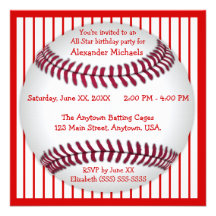 Red and White Pinstripes Baseball Birthday Party Custom Invite