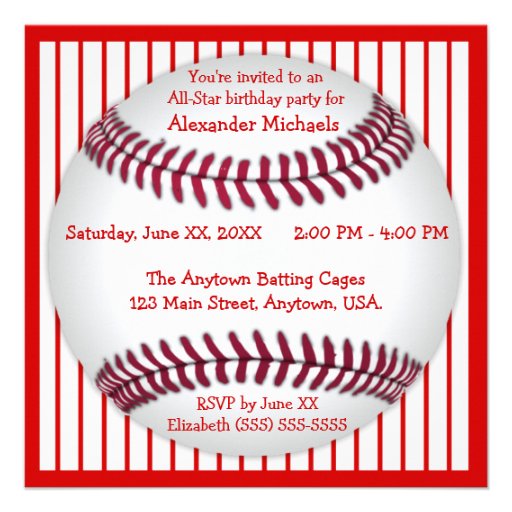 Red and White Pinstripes Baseball Birthday Party Custom Invite