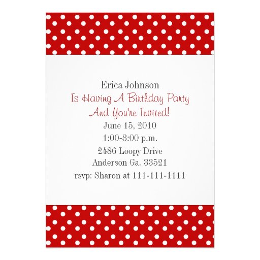 Red and White Polka Dot Print Party Invitation 5" X 7" Invitation Card