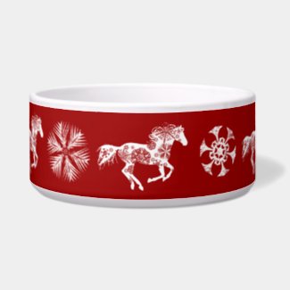 Red and White Snowflake Christmas Horse Dog Food Bowl