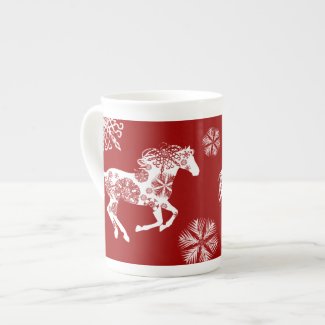 Red and White Snowflake Christmas Horse Porcelain Mugs