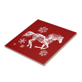 Red and White Snowflake Christmas Horse Ceramic Tiles