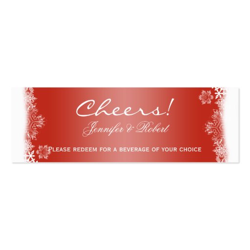 Red and White Snowflake Wedding Drink Tickets Business Card Template (front side)