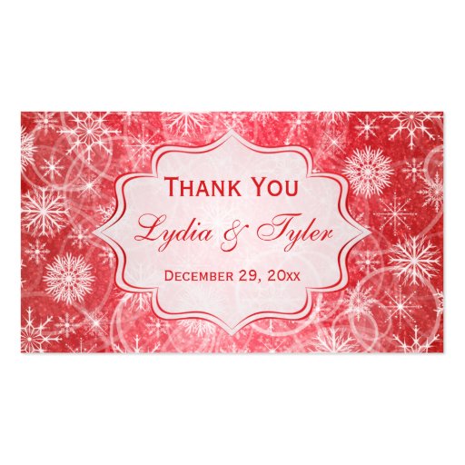 Red and White Snowflakes Wedding Favor Tag Business Card (front side)