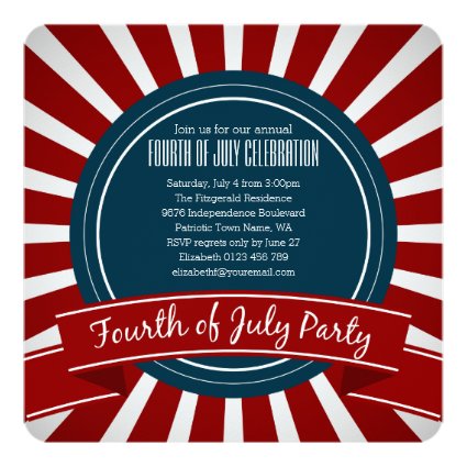 Red and White Starburst and Banner Fourth of July 5.25x5.25 Square Paper Invitation Card