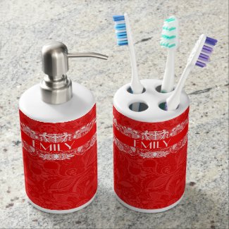 Red And White Vintage Floral Lace Monogram Bathroom Set