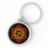 Red and Yellow Lotus Flower Om on Black Keychains