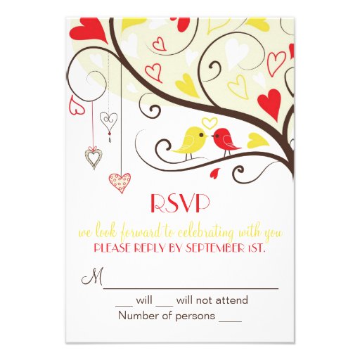 Red and Yellow Lovebirds RSVP Wedding Card Invites