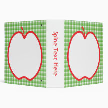 Red Apple. With Green and White Check Background. 3 Ring Binders