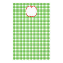 Red Apple. With Green and White Check Background. Customized Stationery