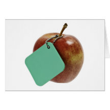 Red apple with green tag greeting cards
