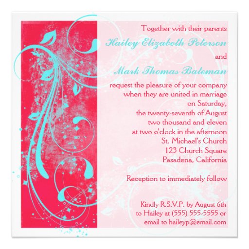 Red, Aqua, White Swirls Wedding Invitation