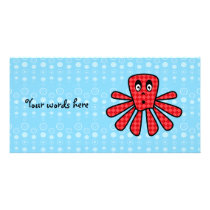 Red argyle octopus on blue bubbles custom photo card