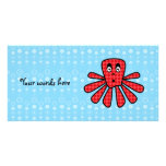 Red argyle octopus on blue bubbles custom photo card