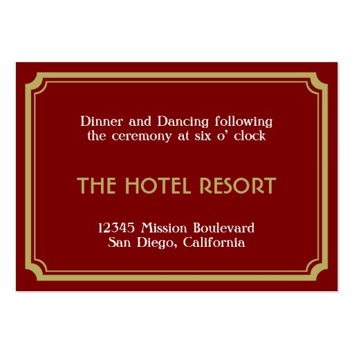 Red art deco retro wedding reception enclosure business cards (front side)