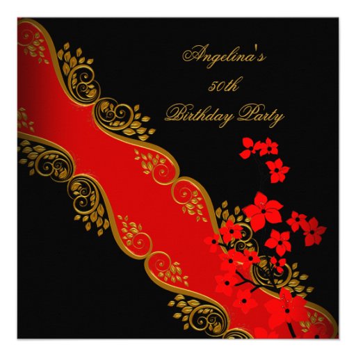 Red Asian Black Floral Gold Birthday Party Invitation