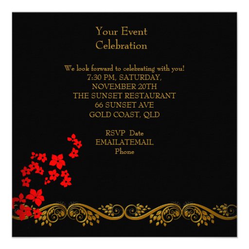 Red Asian Black Floral Gold Birthday Party Invitation