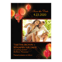 Red Asian Paper Lanterns Cute Photo Save the Date Announcement