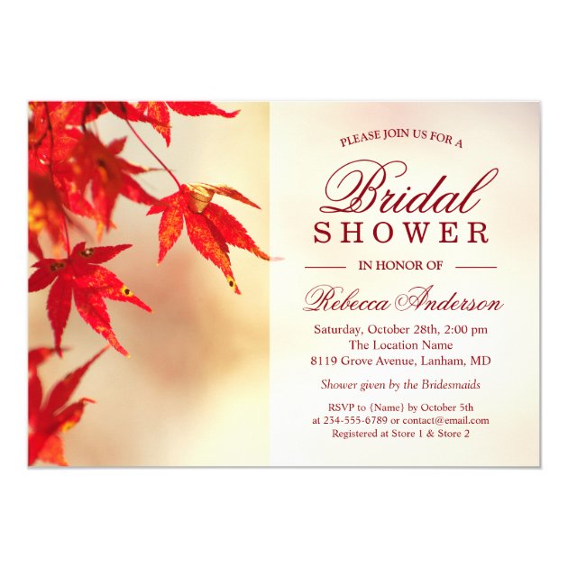 Red Autumn Leaves Elegant Chic Fall Bridal Shower Card