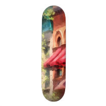 Red Awnings on Brownstone Hoboken NJ skateboards